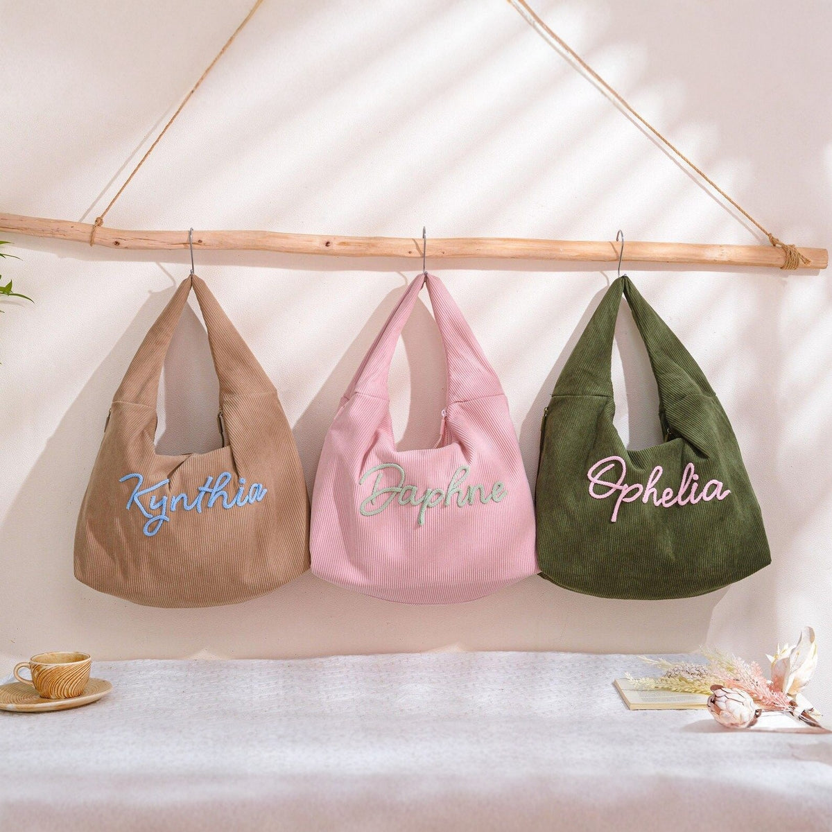 Personalized Corduroy Hobo Shoulder Bag Custom Name Embroidery Tote