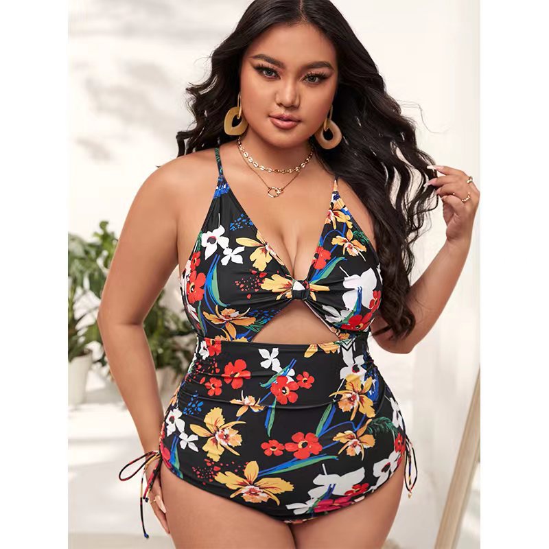 Plus Size Floral Hollow One-piece Swimsuit