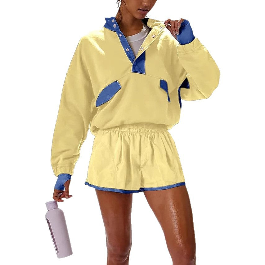 Contrast Color Stitching Long-sleeved Top and Shorts Set(moq2）