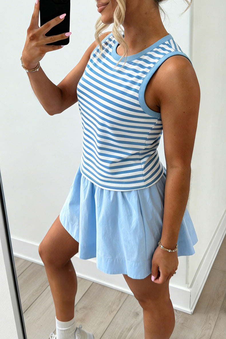 Sky Blue Stripe Slim Tank Contrast Ruffle Mini Skort Set