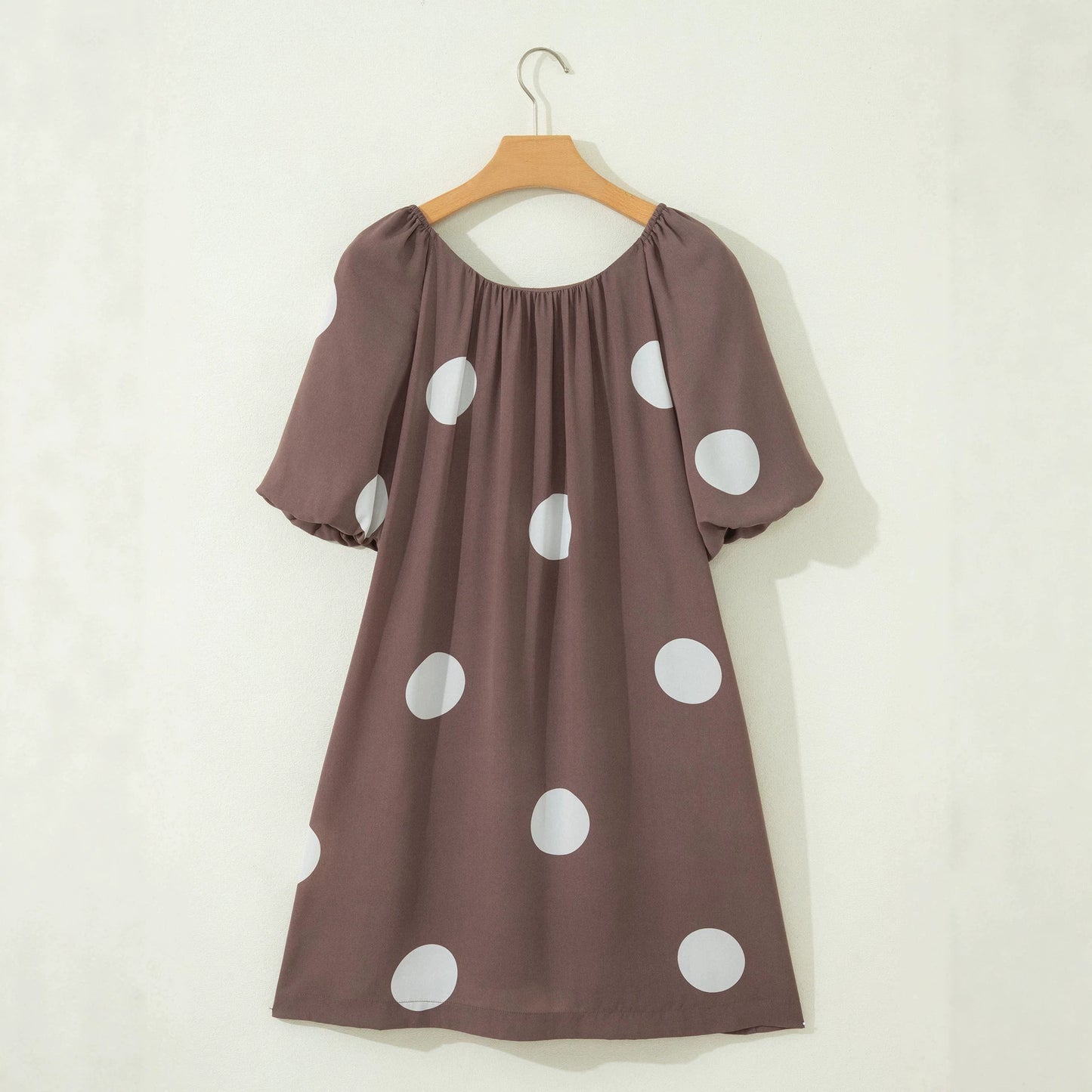 Brown Polka Dot Print Knot Back Short Puff Sleeve Loose Mini Dress