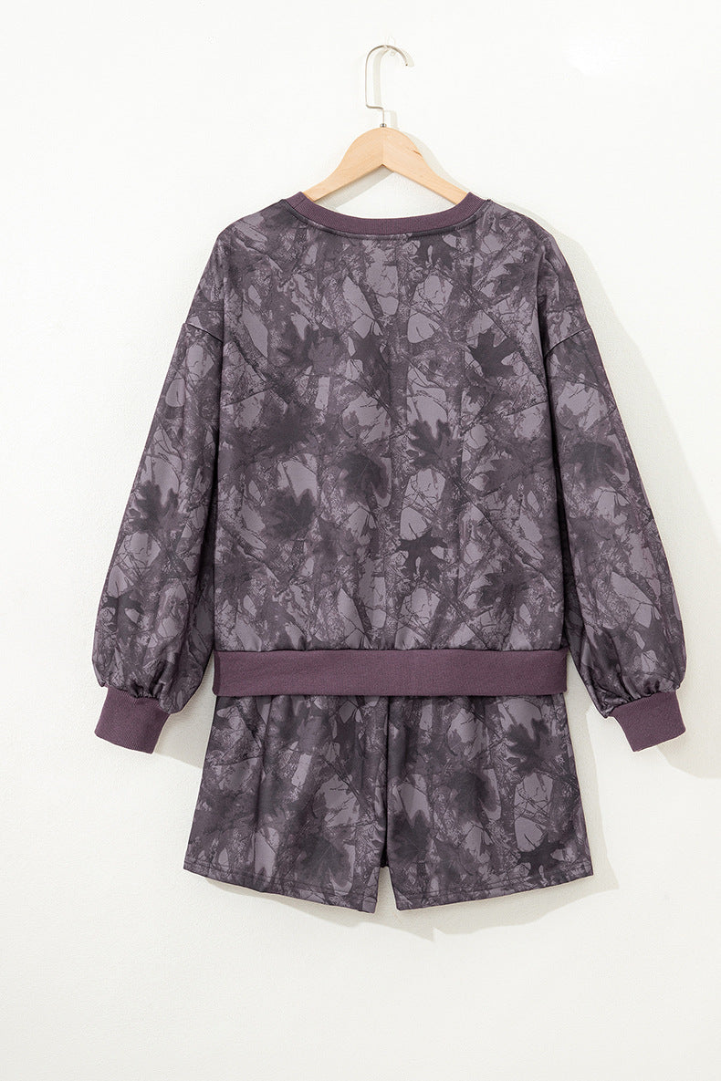 Woodland Camo Print Baggy Pullover Drawstring Shorts Set