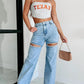 Slit-Front Wide Leg Rhinestone Jeans