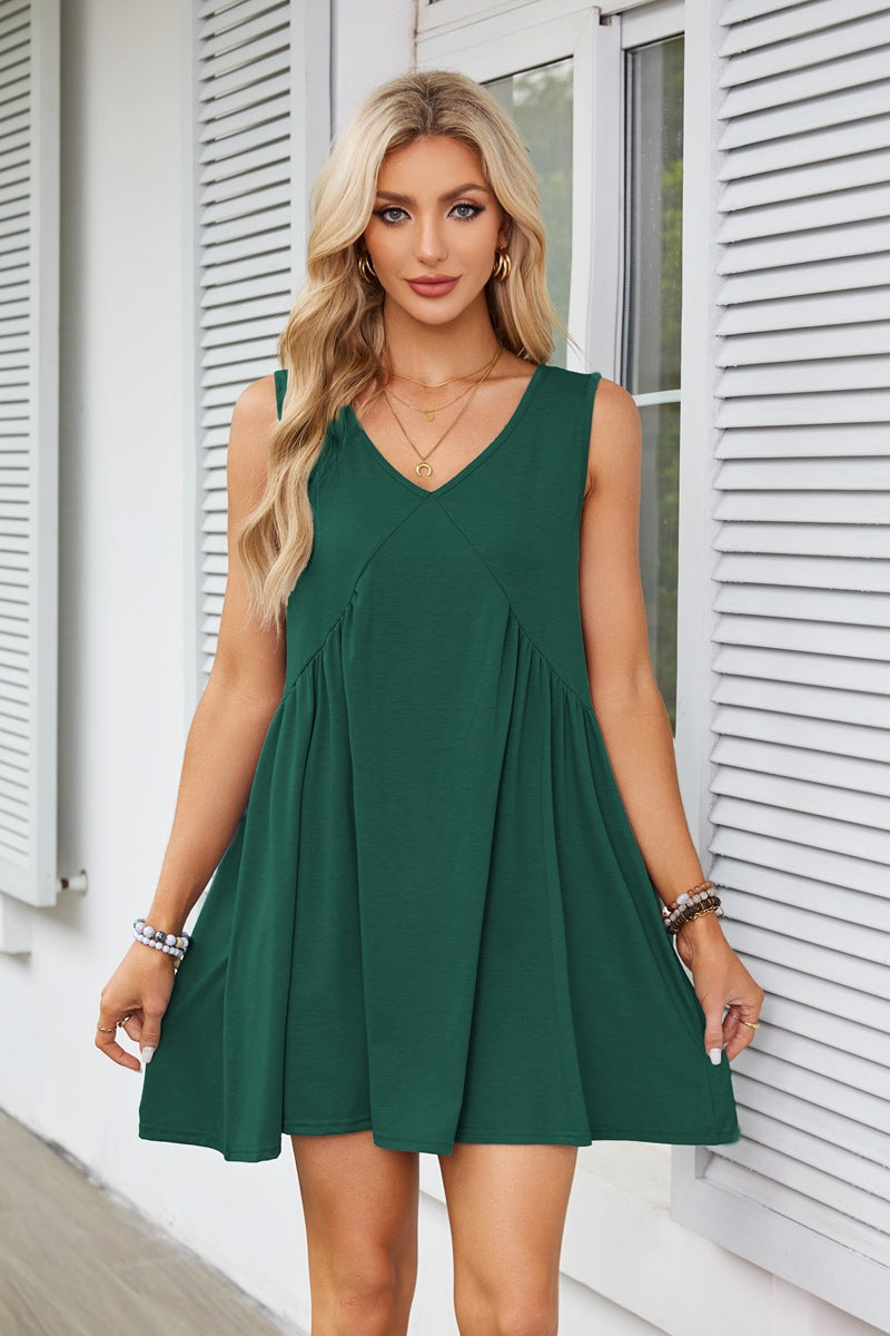 V-neck Sleeveless Pleated Pocket Dress