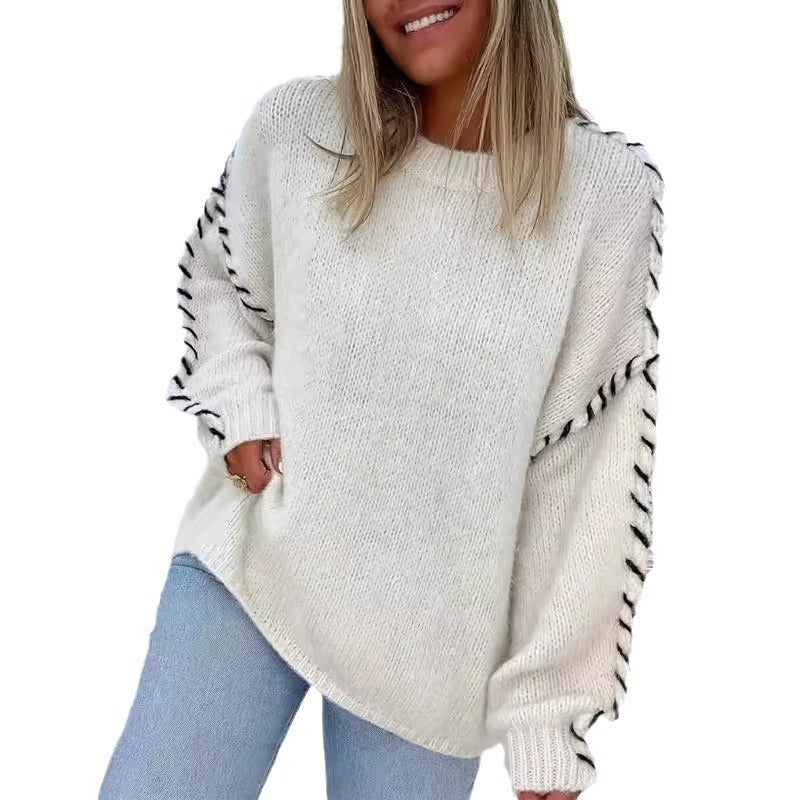 Solid Color Crew Neck Long-sleeved Pullover Sweater