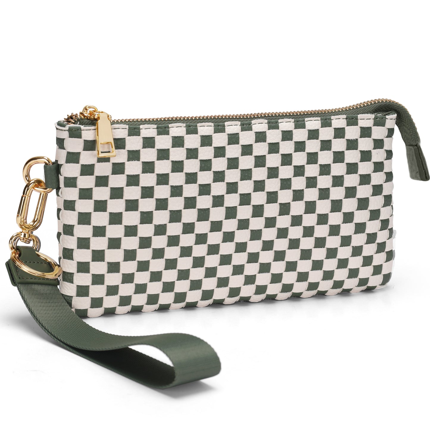 Checkered Woven Clutch Wristlet PU Leather Large Size Patterned Wallet