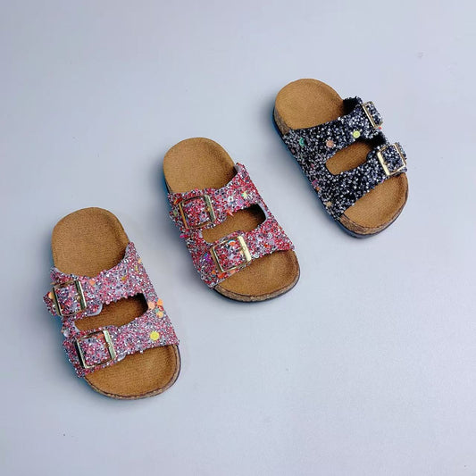 Girls Sparkly Buckle Cork Sandals