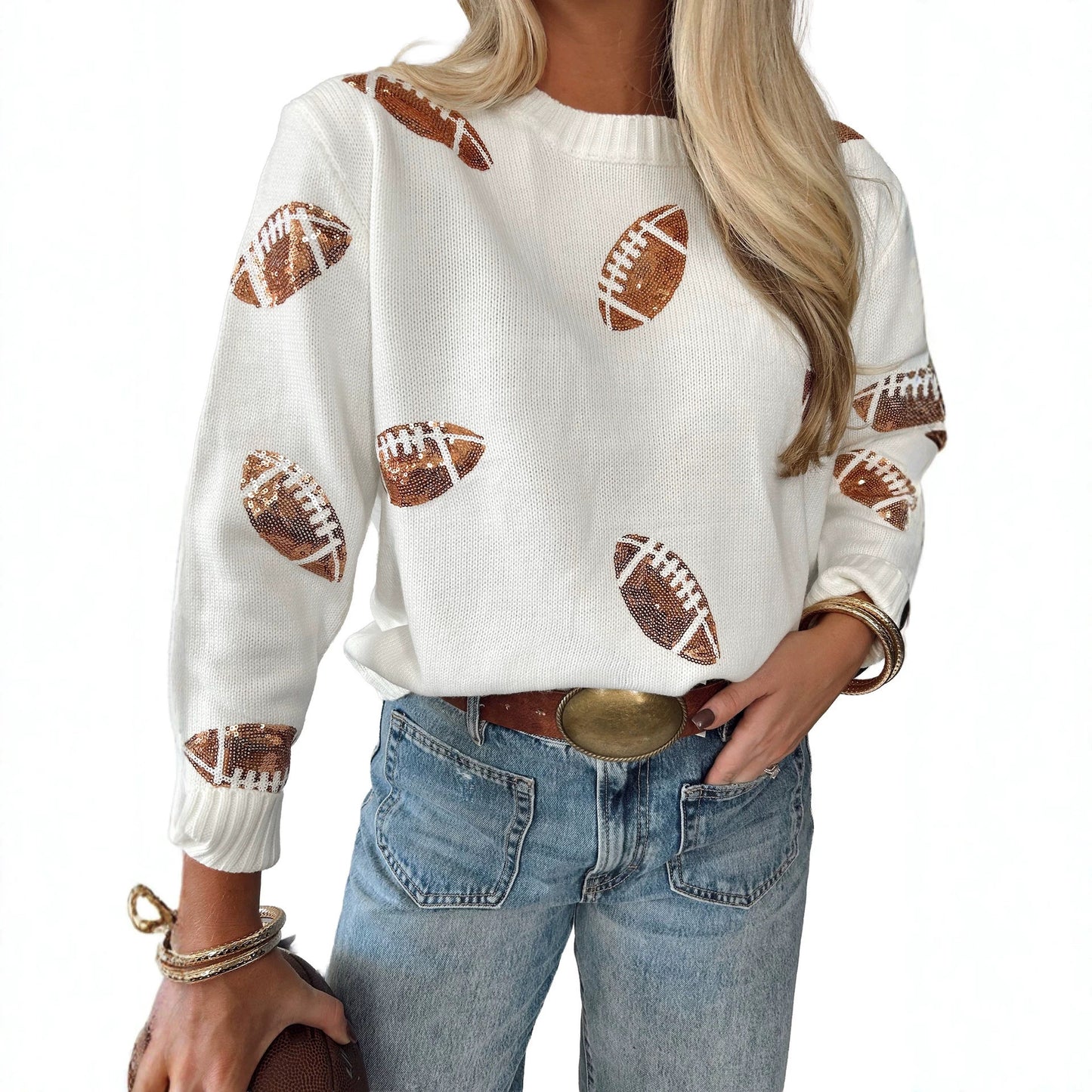 Beige Sequin Football Print Round Neck Long Sleeve Loose Fit Sweater