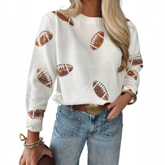 Beige Sequin Football Print Round Neck Long Sleeve Loose Fit Sweater