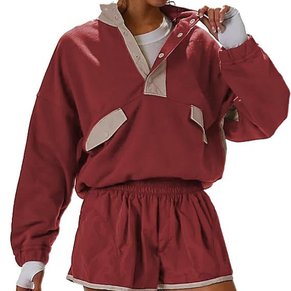Contrast Color Stitching Long-sleeved Top and Shorts Set(moq2）