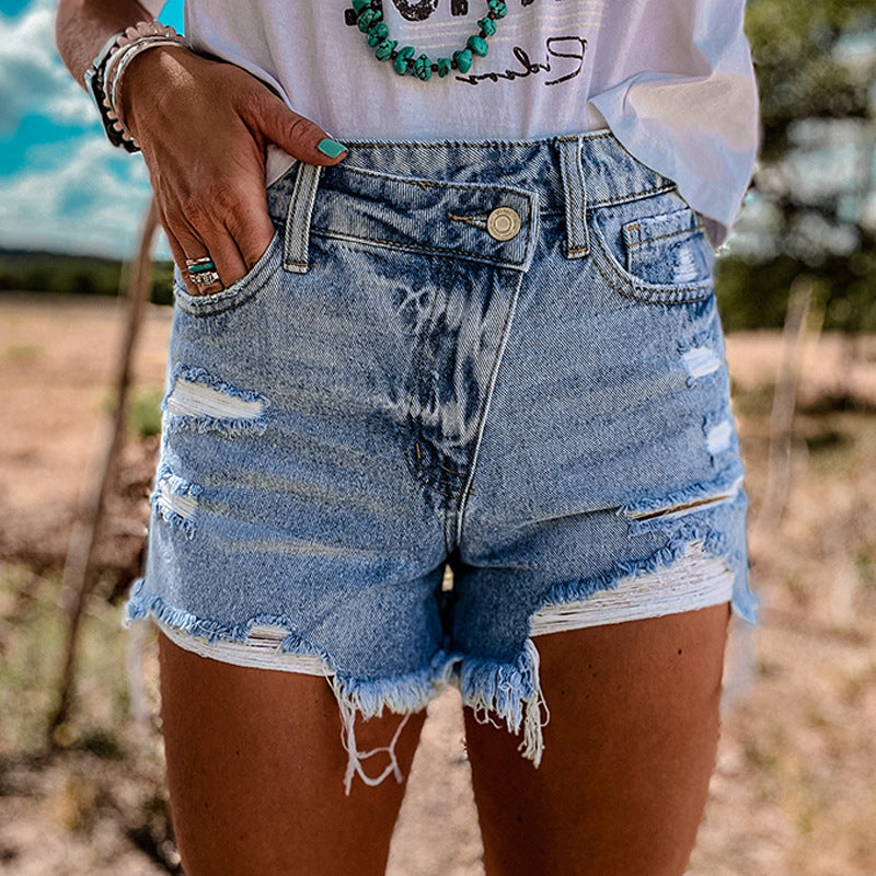 High Rise Crossover Waist Denim Shorts