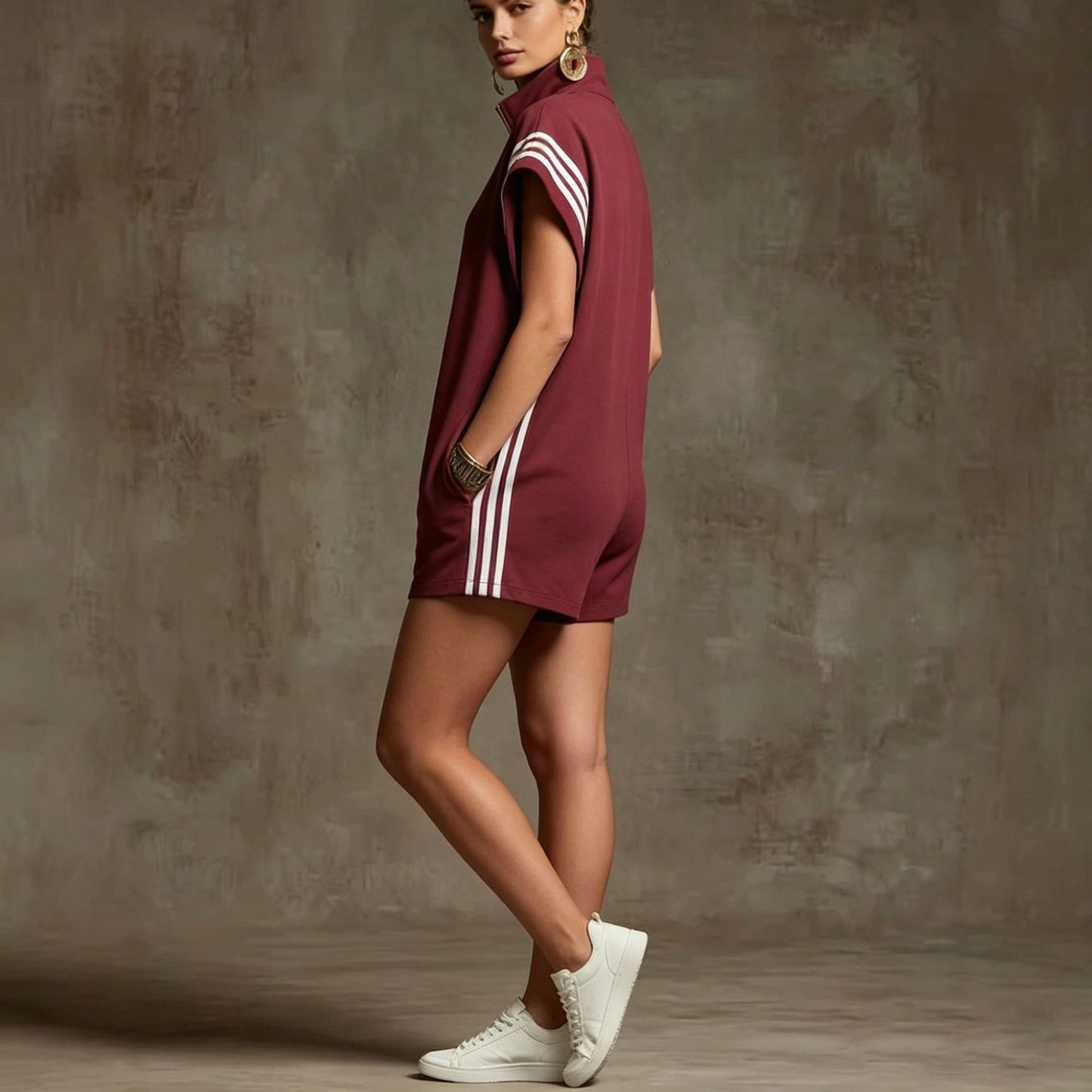 Loose Sleeveless Drawstring Pockets Split-Joint Striped Zipper Stand Collar Rompers