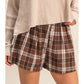 Brown Plaid Button Front Elastic Waist Shorts