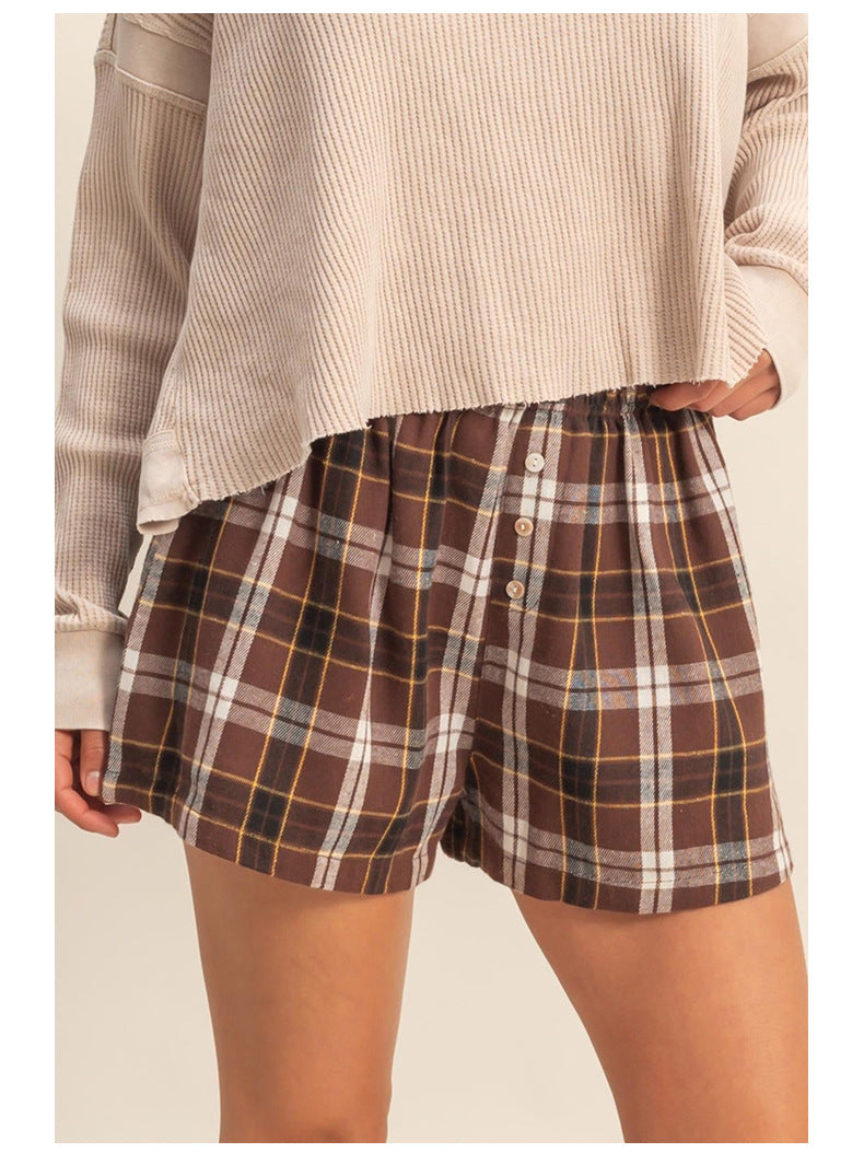 Brown Plaid Button Front Elastic Waist Shorts