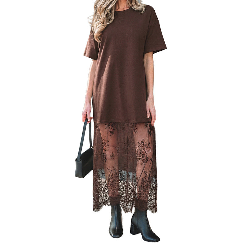 Floral Patchwork Short Sleeve T Shirt Loose Maxi Dress