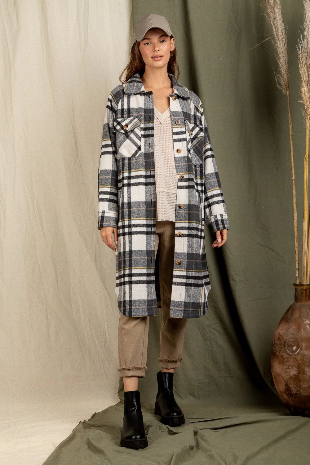 Checkered Lapel Pocket Long Coat