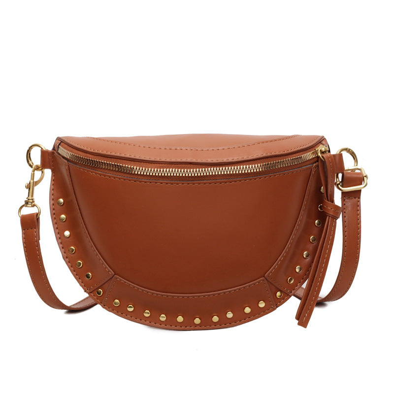 Retro Half Moon Studded Vagen Leather Crossbody Bag
