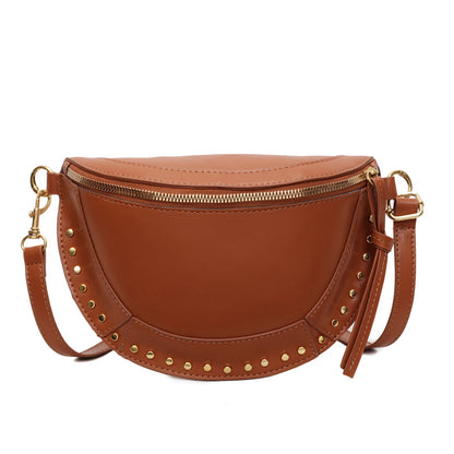 Retro Half Moon Studded Vagen Leather Crossbody Bag