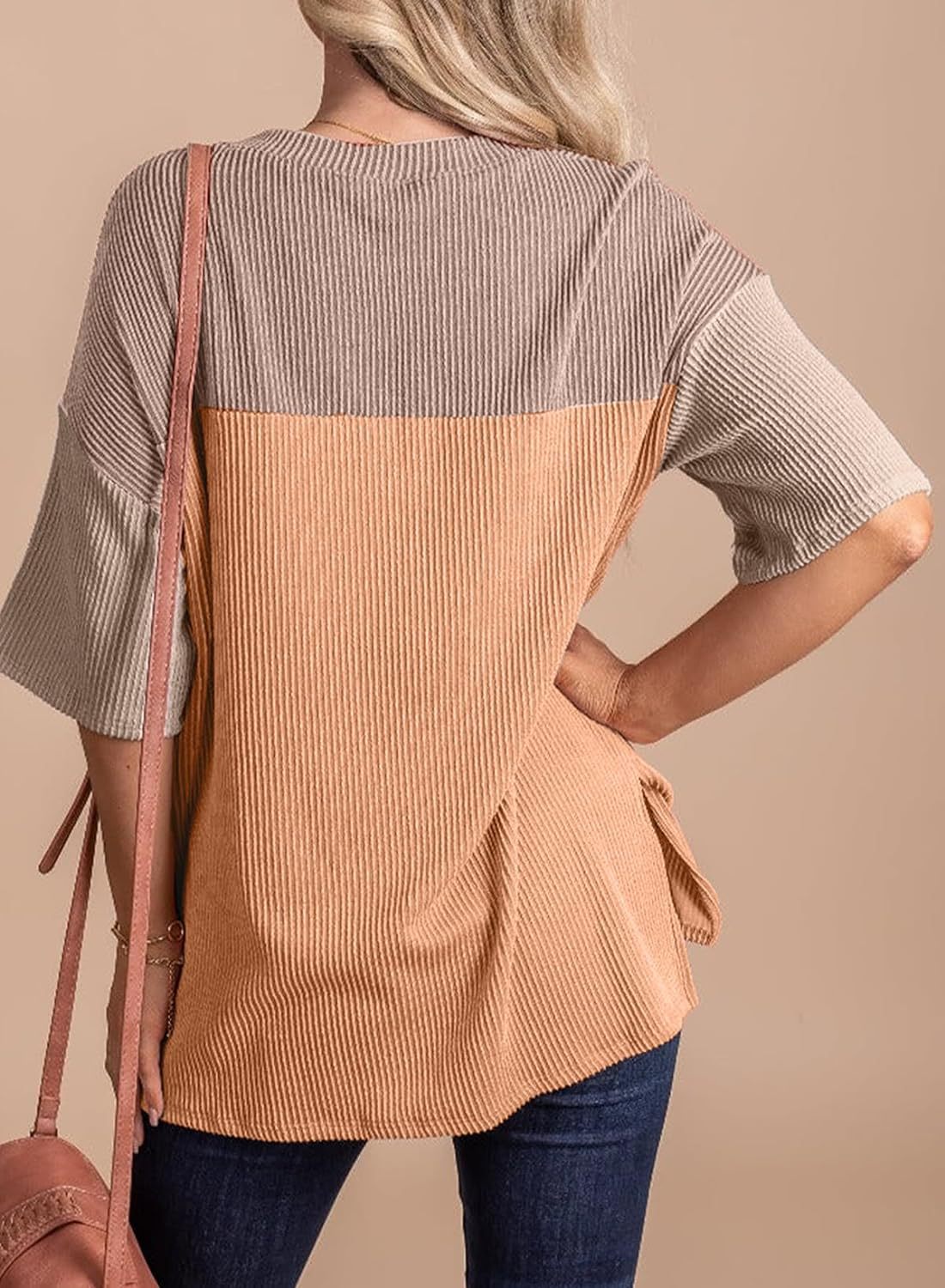 Ribbed Crew Neck Colorblock Top