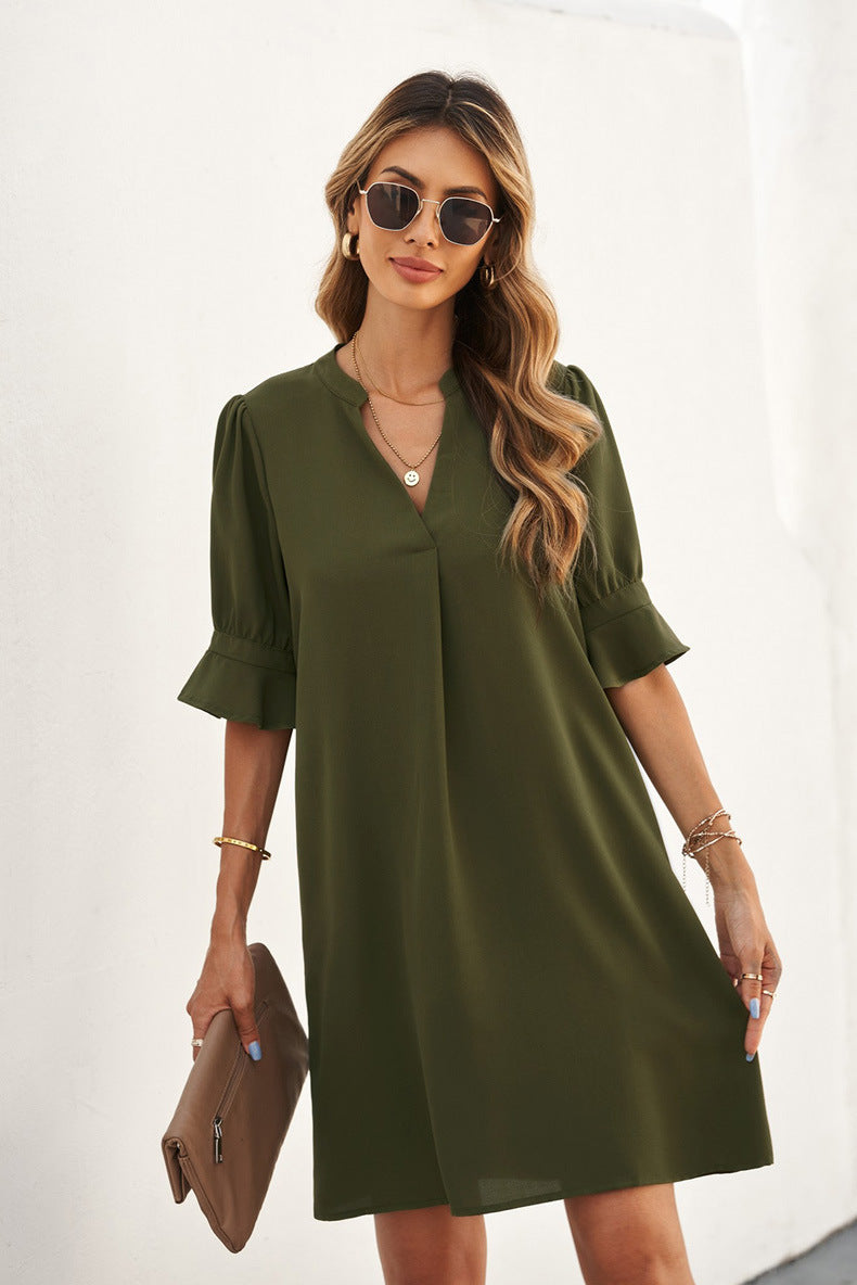 Notched Neck Flounce Sleeve Tunic Dress