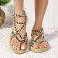 Khaki Leopard Strappy Caged Braided Sole Boho Sandals