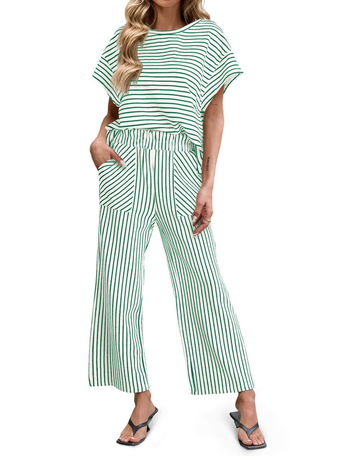 Stripe Round Neck Tee and Pant Set