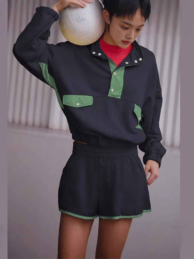 Contrast Color Stitching Long-sleeved Top and Shorts Set(moq2）