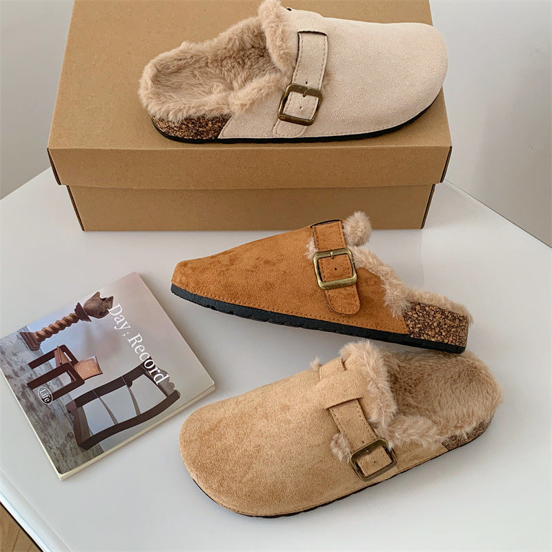 Plush Flat Closed Toe Half Slippers