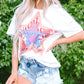 Fashionable Star Shaped Patch Fabric Three Quarter Sleeve Top