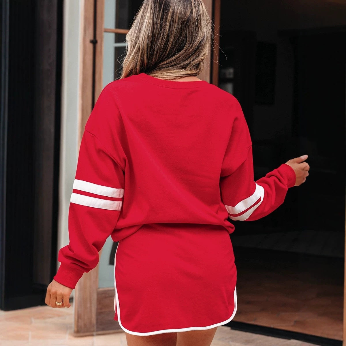 Varsity Stripe Detail Drop Shoulder Pullover Mini Skort Set