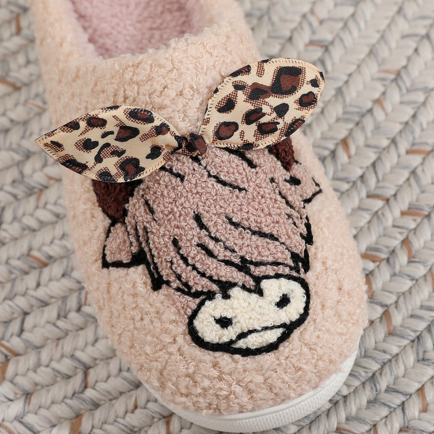 Highland Cow with Leopard Bow Slippers