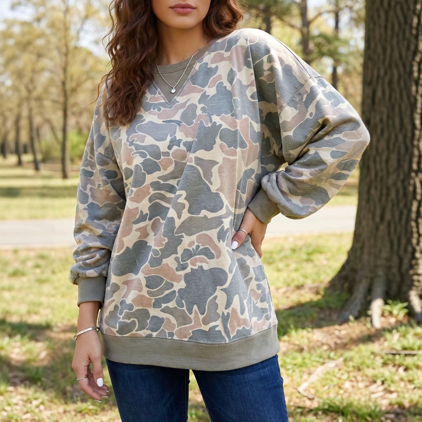 Multicolour Camo Print Ribbed Trim Casual Pullover Sweatshirt