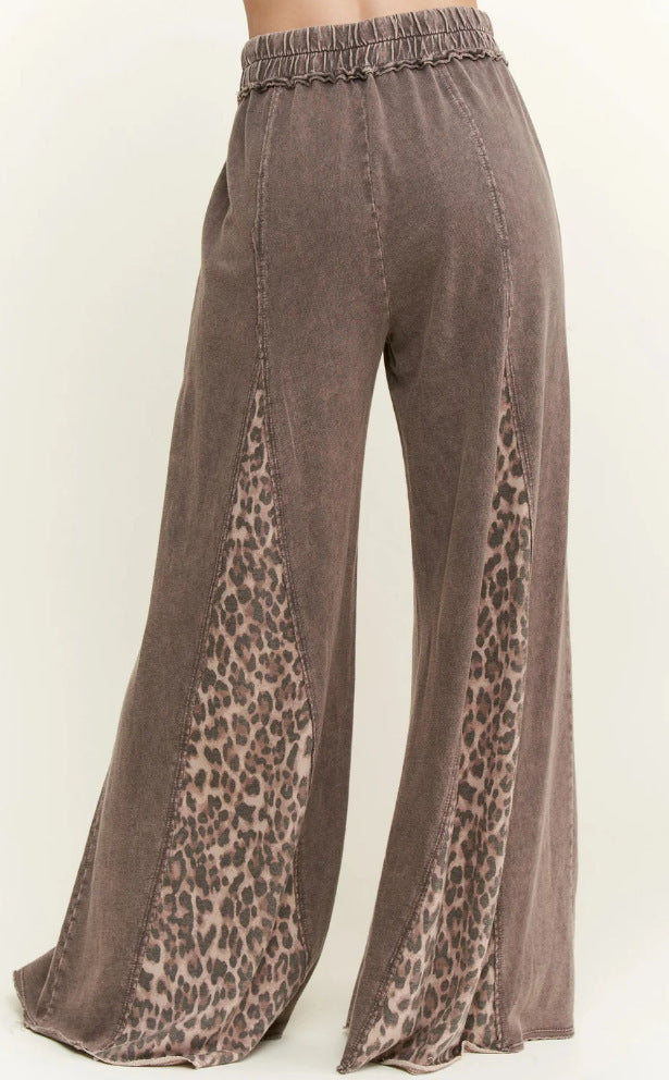 Women's Wide-leg Pants with Leopard Print Waistband