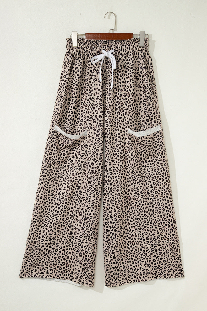 Leopard Print Wide Leg Terry Knit Pants