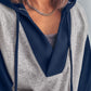 Light Grey Color Block Patchwork V Neck Drawstring Hoodie