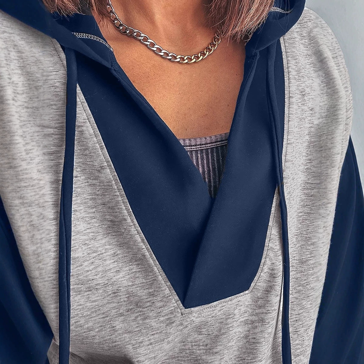 Light Grey Color Block Patchwork V Neck Drawstring Hoodie