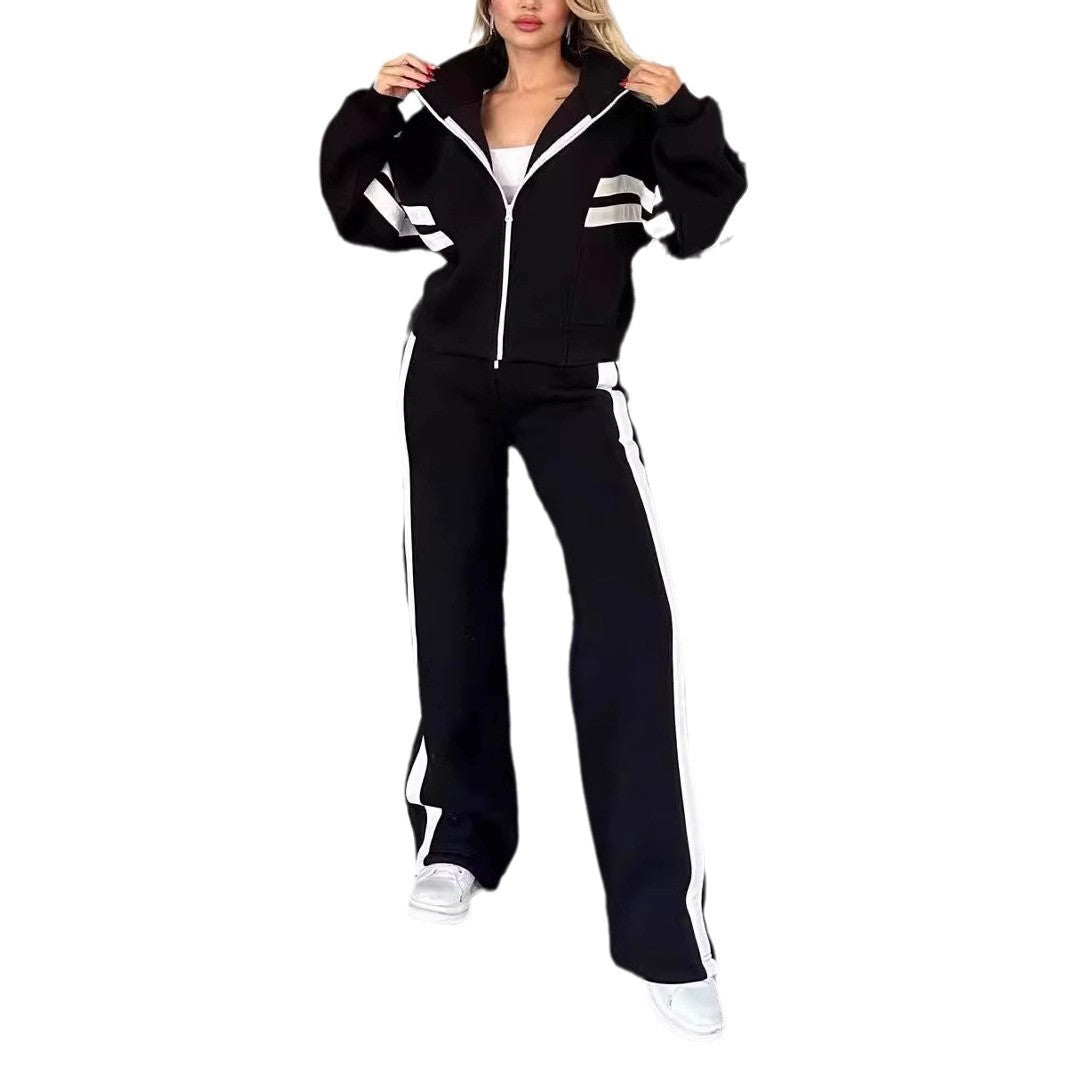 Striped Zipper Top Jacket Casual Sports Suit Women