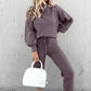 Solid Color High Collar Casual Top+pants Two-piece Set