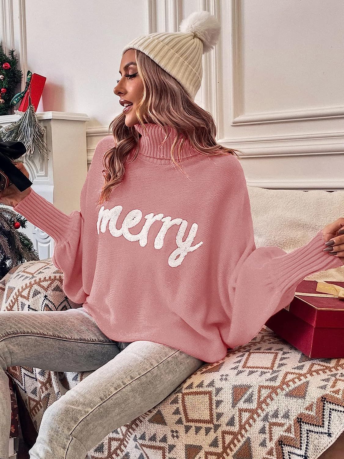 Turtle Neck Batwing Sleeve Merry Christmas Sweater