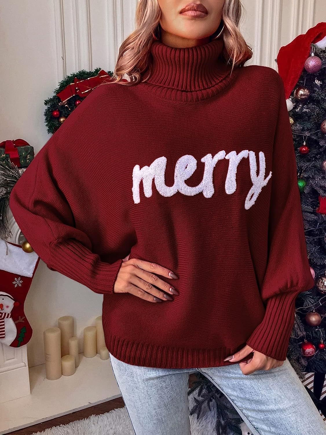 Turtle Neck Batwing Sleeve Merry Christmas Sweater