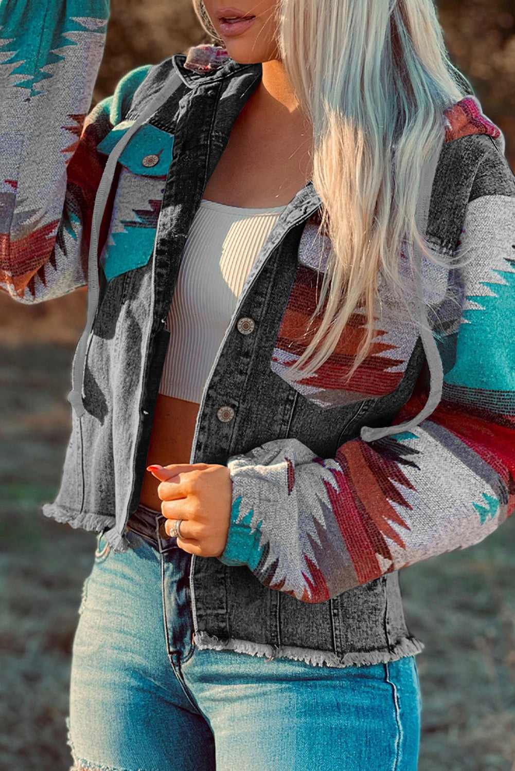 Retro Hooded Denim Panelled Jacket