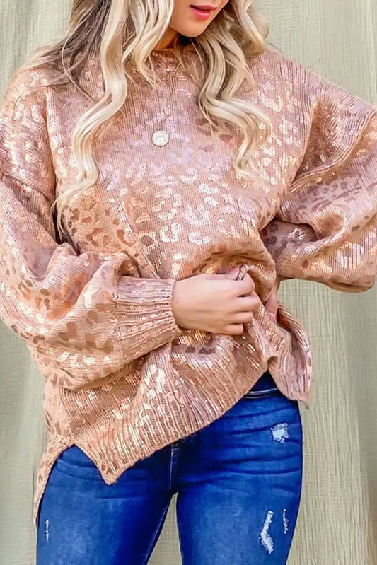 Glitter Leopard Print Puff Sleeve Sweater