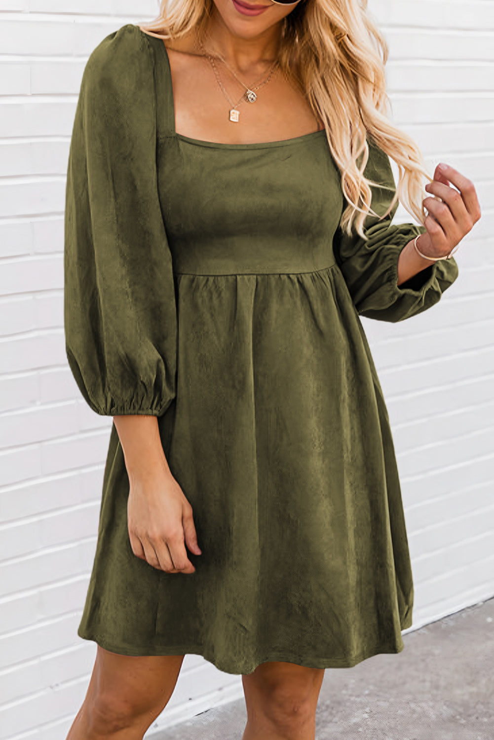 Suede Square Neck Puff Sleeve Dress