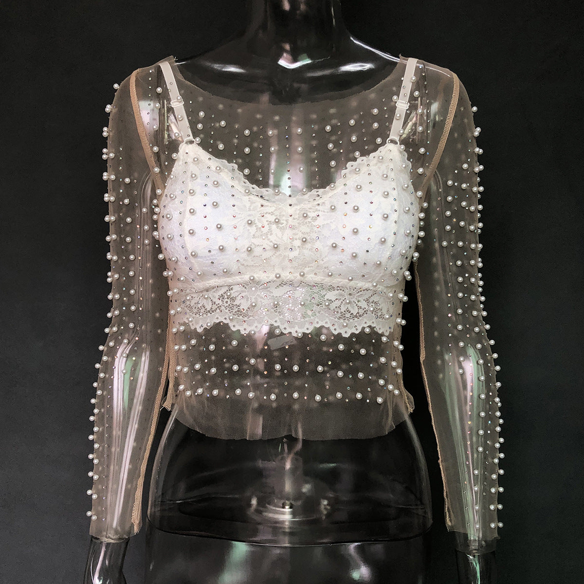 Rhinestone Pearl Mesh Top