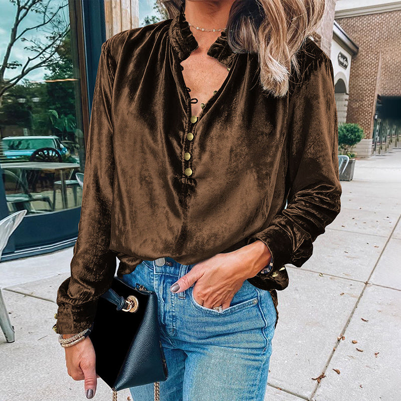 Half Button Velvet Long Sleeve Top