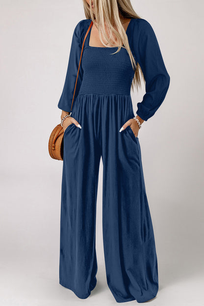 Smocked Square Neck Wide Leg Jumpsuit