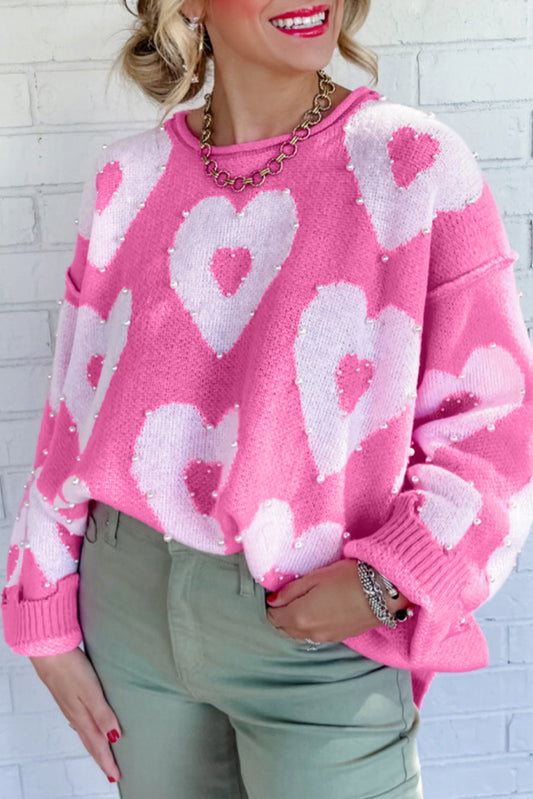 Valentine's Day Pearl Beaded Heart Sweater