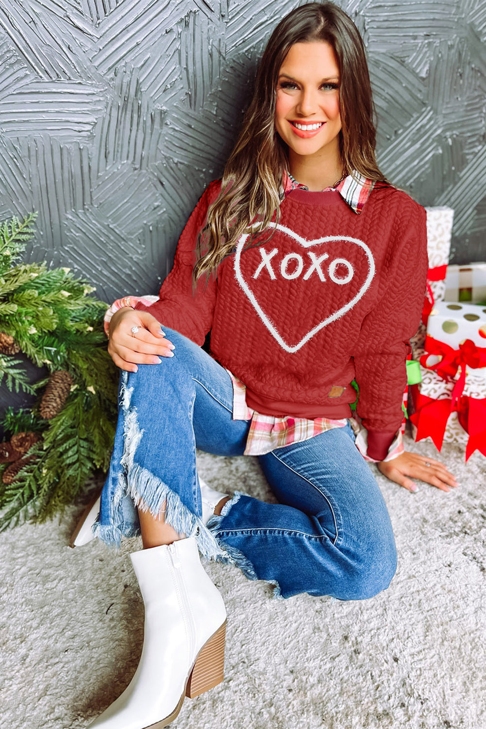 XOXO Chenille Embroidered Textured Sweatshirt