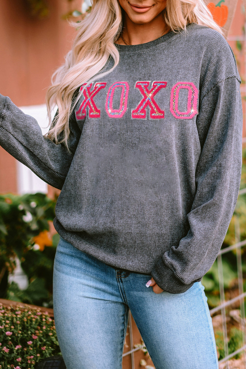 Sequin XOXO Corded Crew Neck Sweatshirt