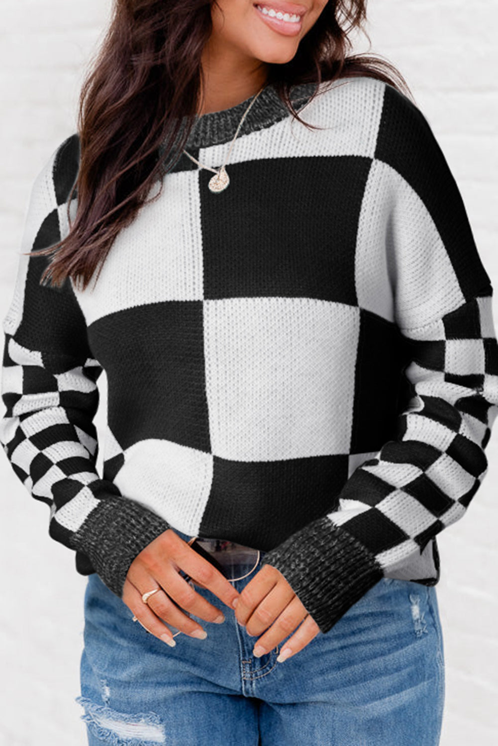 Checkered Print Drop Shoulder Sweater